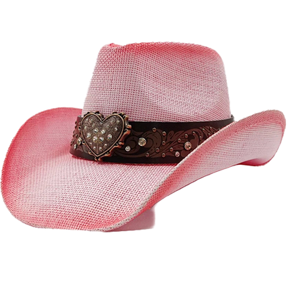 Pink cowboy hat with a decorative brown band featuring a heart design on a white background