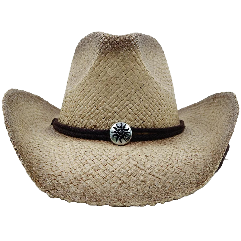 Beige straw cowboy hat with a brown band and decorative buckle on a white background