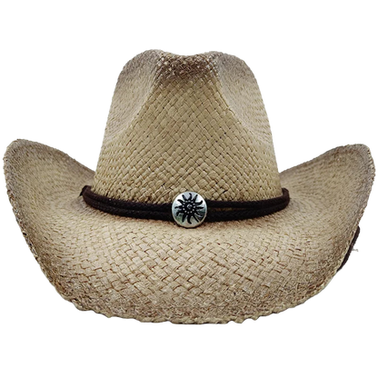 Beige straw cowboy hat with a brown band and decorative buckle on a white background