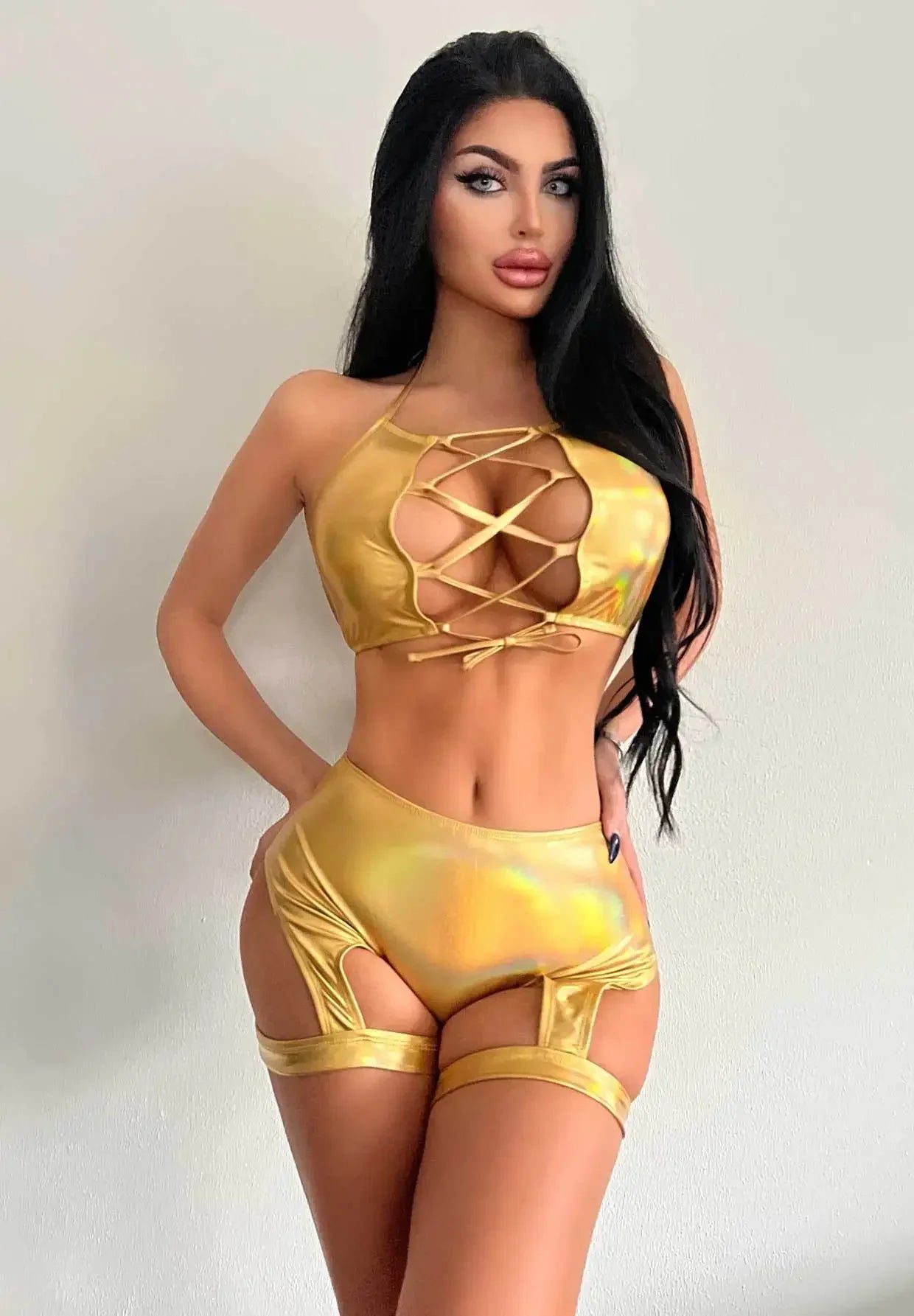 Split set sexy hollow suspender vest laser leg loop shorts two-piece set