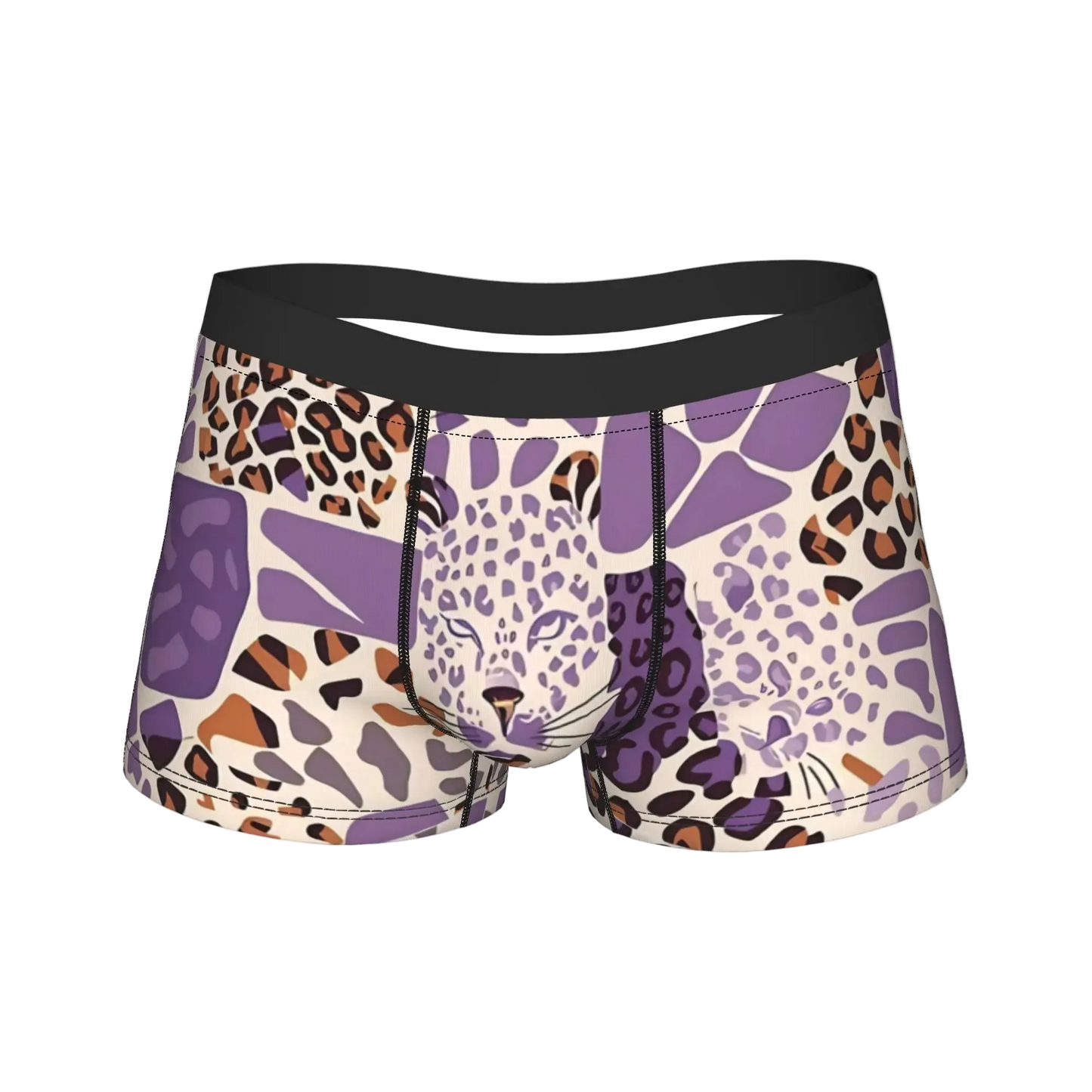 A pair of men's boxer briefs featuring a purple, beige, and brown animal print pattern with a stylized leopard face on the front, set against a plain white background.