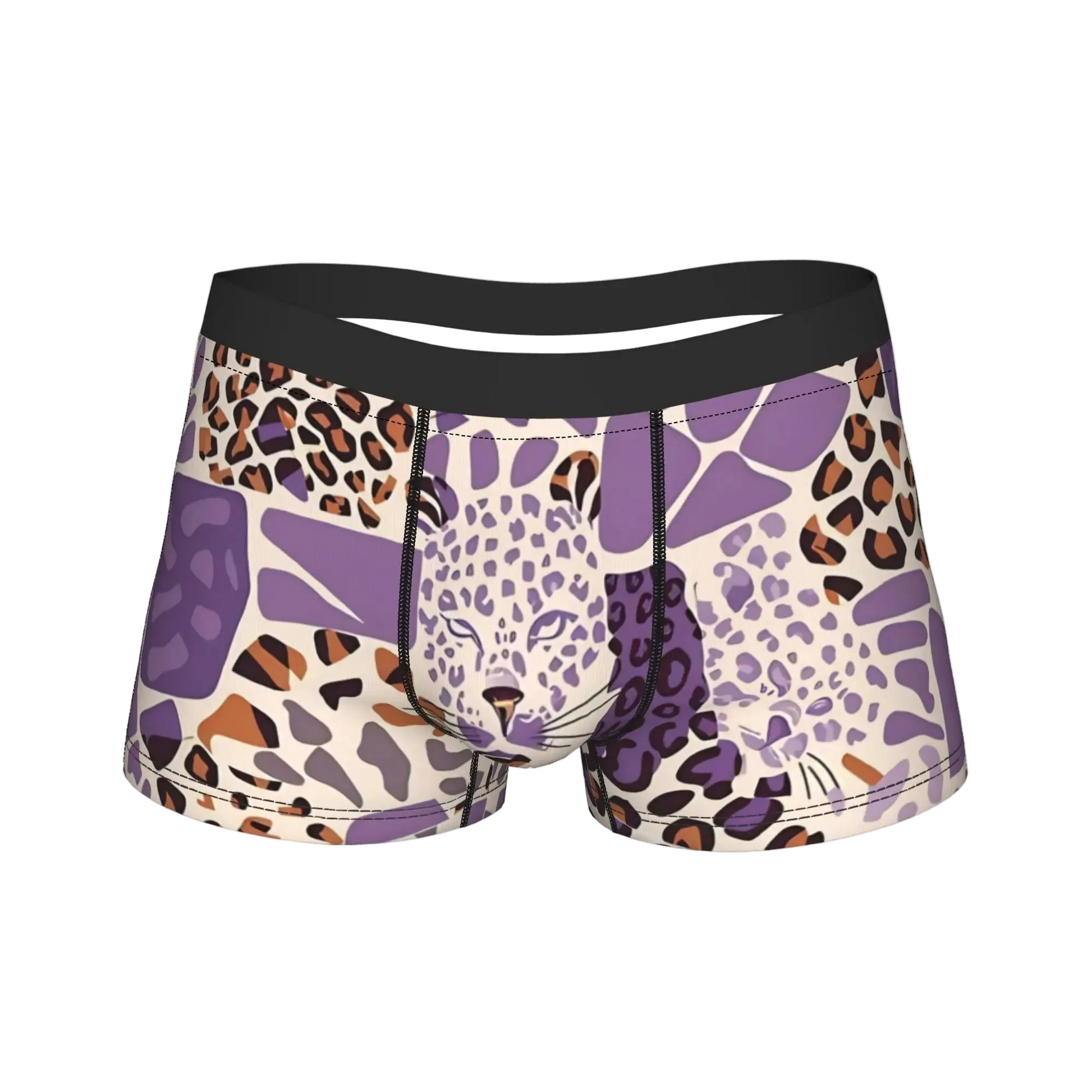 A pair of men's boxer briefs featuring a purple, beige, and brown animal print pattern with a stylized leopard face on the front, set against a plain white background.