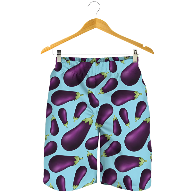 Cheeky Eggplant 3D Print Beach Shorts featuring playful design, perfect for adult resort theme nights