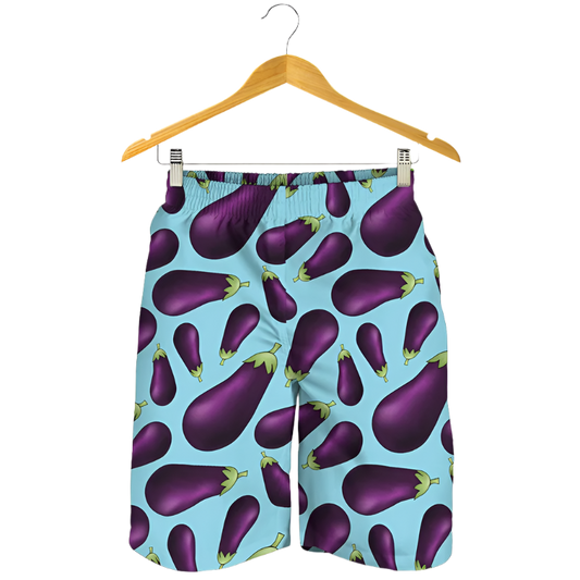 Cheeky Eggplant 3D Print Beach Shorts featuring playful design, perfect for adult resort theme nights