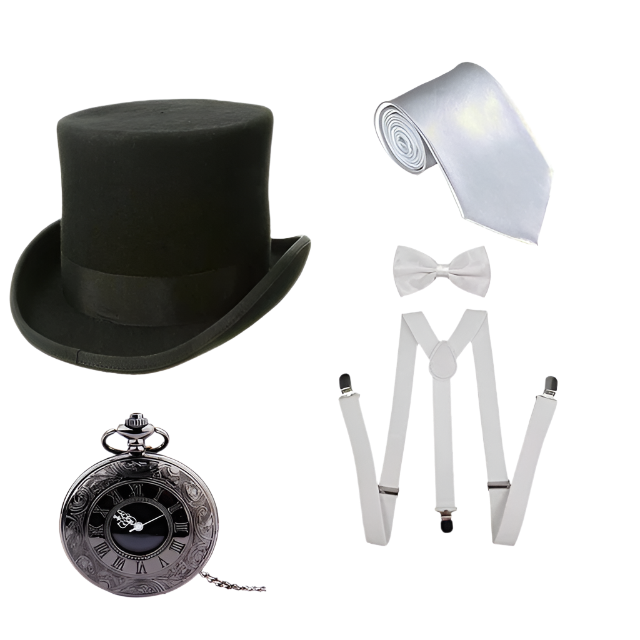 5-piece men's Gatsby accessories set featuring Fedora hat, suspenders, armbands and bow tie for resort theme nights

