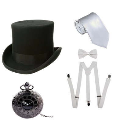 5-piece men's Gatsby accessories set featuring Fedora hat, suspenders, armbands and bow tie for resort theme nights

