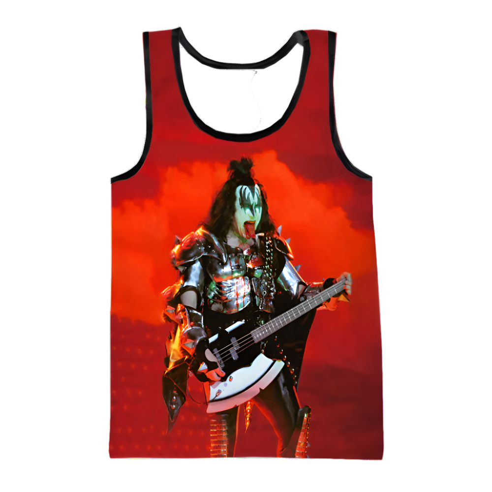 Tank top with a graphic of a musician playing guitar on a red background