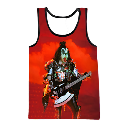 Tank top with a graphic of a musician playing guitar on a red background