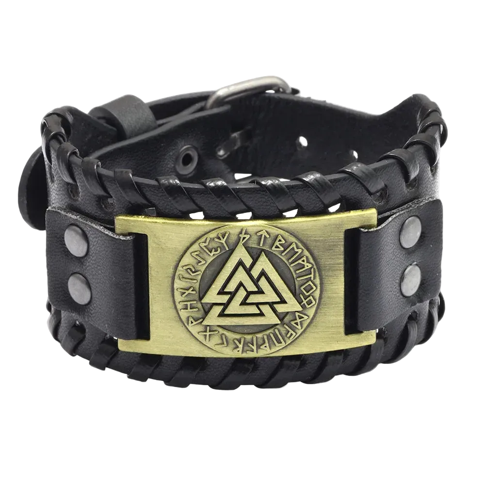 Black leather bracelet with a gold metal clasp featuring a triangle design on a white background