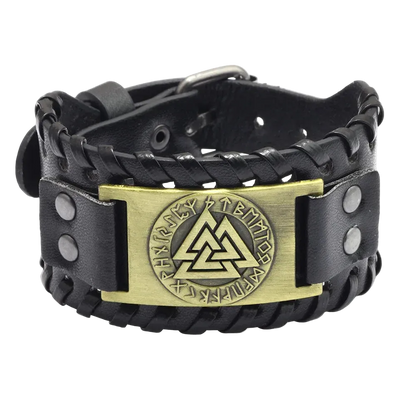 Black leather bracelet with a gold metal clasp featuring a triangle design on a white background