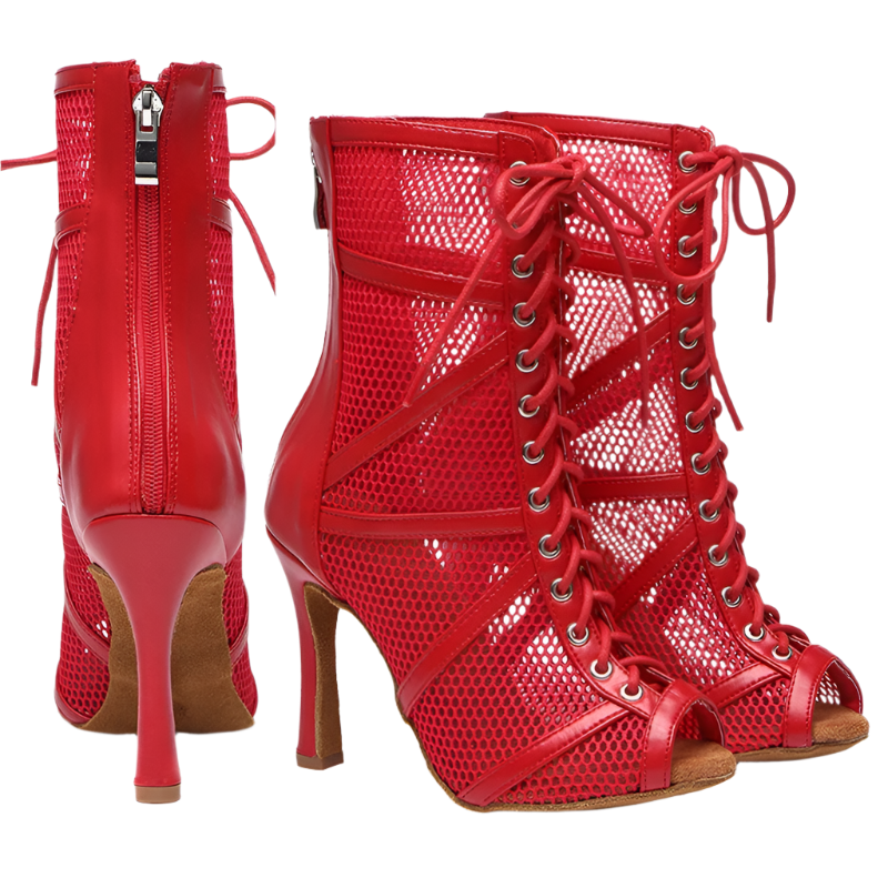 Red mesh ballroom dancing boots with fish mouth design stiletto heels and adjustable instep zip perfect for salsa dance performances and resort entertainment
