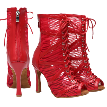 Red mesh ballroom dancing boots with fish mouth design stiletto heels and adjustable instep zip perfect for salsa dance performances and resort entertainment
