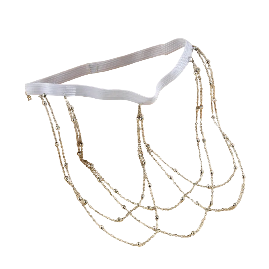 A white elastic waist chain decorated with multiple draped silver beaded chains, displayed on a beige background.