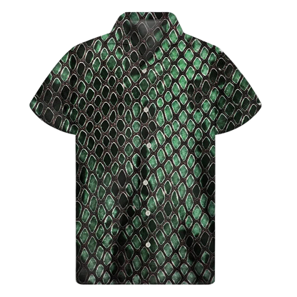 Green and black patterned shirt on a white background