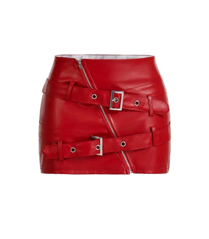 Red leather skirt with silver buckles on a light beige background