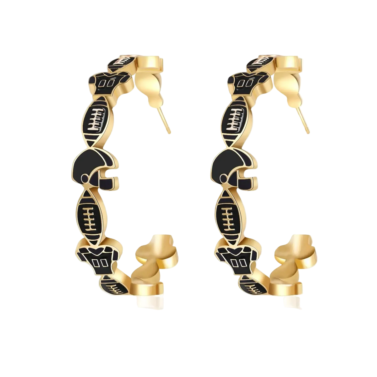 Gold hoop earrings with black engravings on a white background