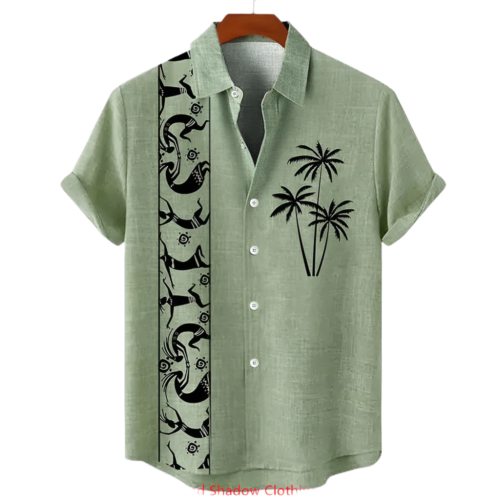 Green shirt with black palm tree design on a hanger against a white background