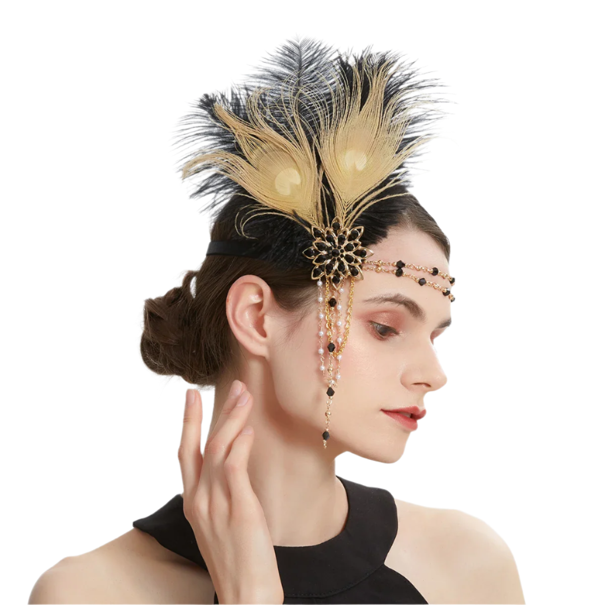 Gold rhinestone and feather headband with 1920s Gatsby design for luxury resort theme nights

