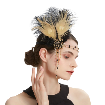 Gold rhinestone and feather headband with 1920s Gatsby design for luxury resort theme nights

