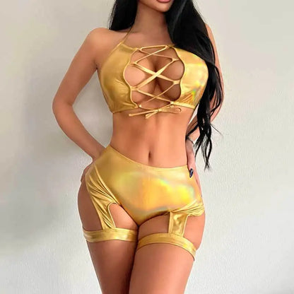 Split set sexy hollow suspender vest laser leg loop shorts two-piece set