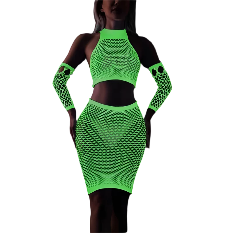 Off Shoulder Women's Underwear Sexу Bodysuit Xxx Hollow Out Fluorescence Fishing Net Mini Skirt