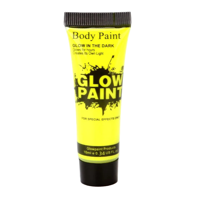 Yellow tube of glow-in-the-dark body paint on a white background
