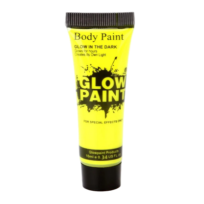 Yellow tube of glow-in-the-dark body paint on a white background