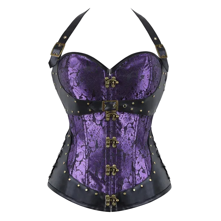 A purple and black lace-patterned corset bustier with gold-tone metal hardware, studded trim, and shoulder straps, shown against a plain white background.