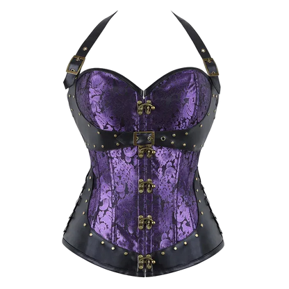 A purple and black lace-patterned corset bustier with gold-tone metal hardware, studded trim, and shoulder straps, shown against a plain white background.