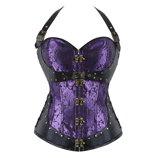 A purple and black lace-patterned corset bustier with gold-tone metal hardware, studded trim, and shoulder straps, shown against a plain white background.