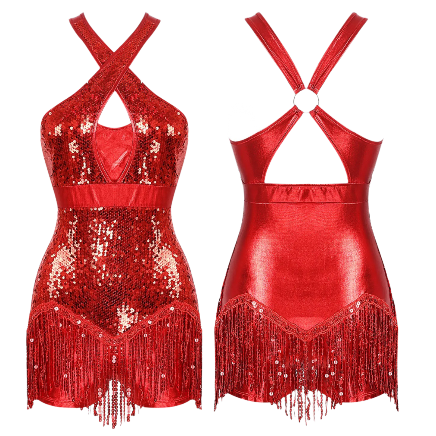 Womens Glittery Sequins Crisscross Sequins Tassel Halter Bodysuit