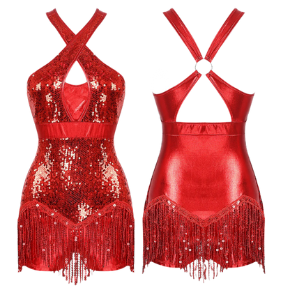 Womens Glittery Sequins Crisscross Sequins Tassel Halter Bodysuit