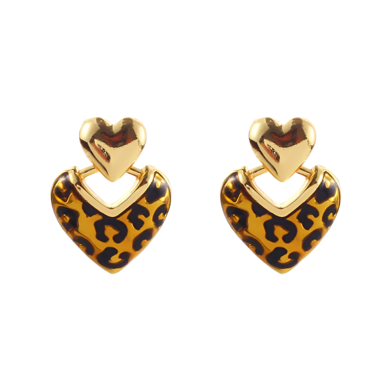 sterling silver leopard print heart stud earrings featuring geometric design and premium finish for elegant resort wear