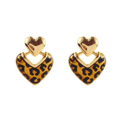 sterling silver leopard print heart stud earrings featuring geometric design and premium finish for elegant resort wear