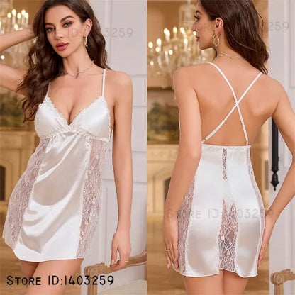 Sexy Female Suspender Nightgown Chemise Sleepwear Summer New Ice Silk Nightwear Night Dress Patchwork Perspective Lace Home Wear