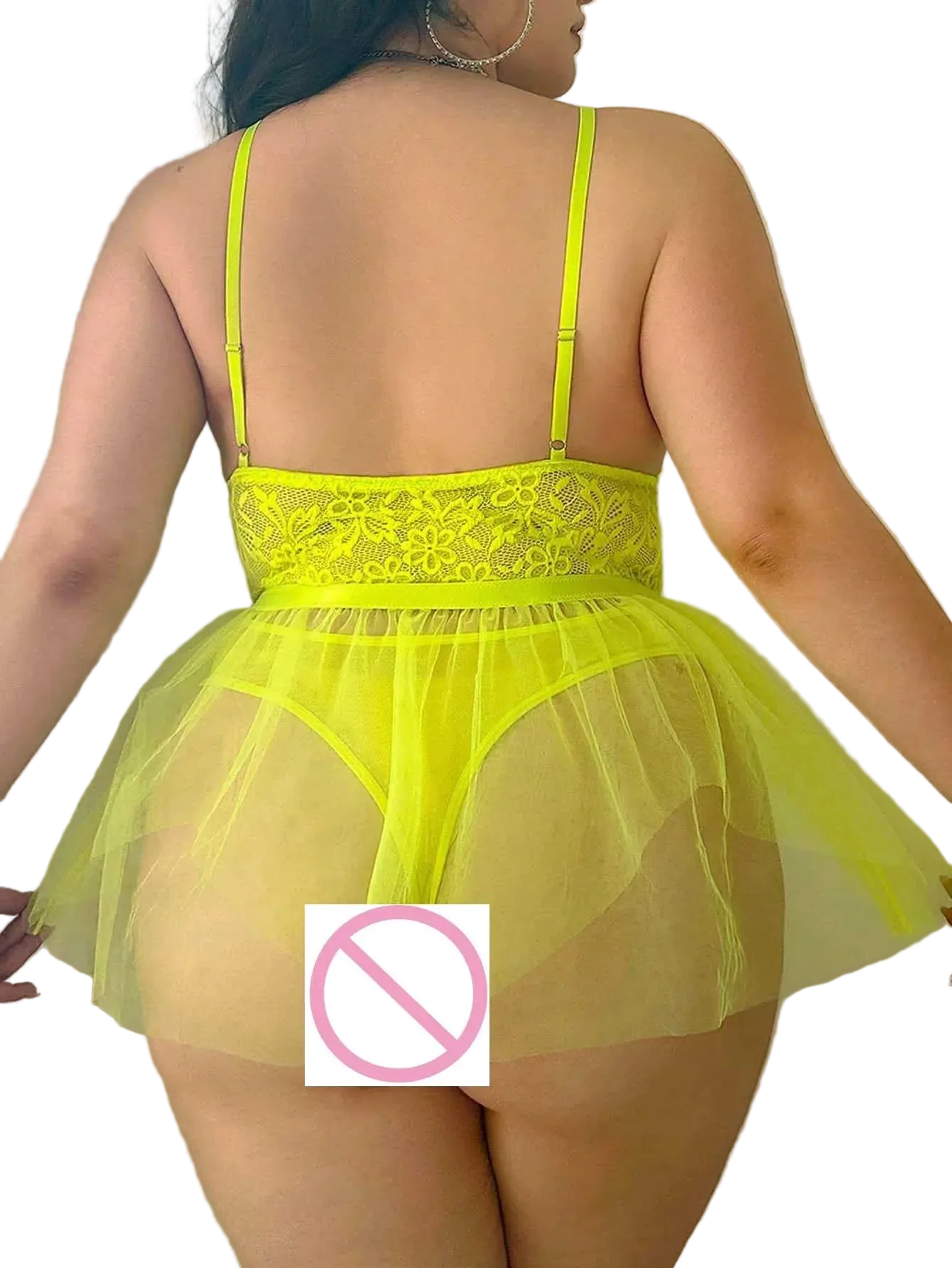 A person shown from the back wearing a neon yellow lingerie set with thin straps, floral lace across the upper back, sheer mesh, and a short tutu skirt. A pink-and-white censor block covers the central lower area.