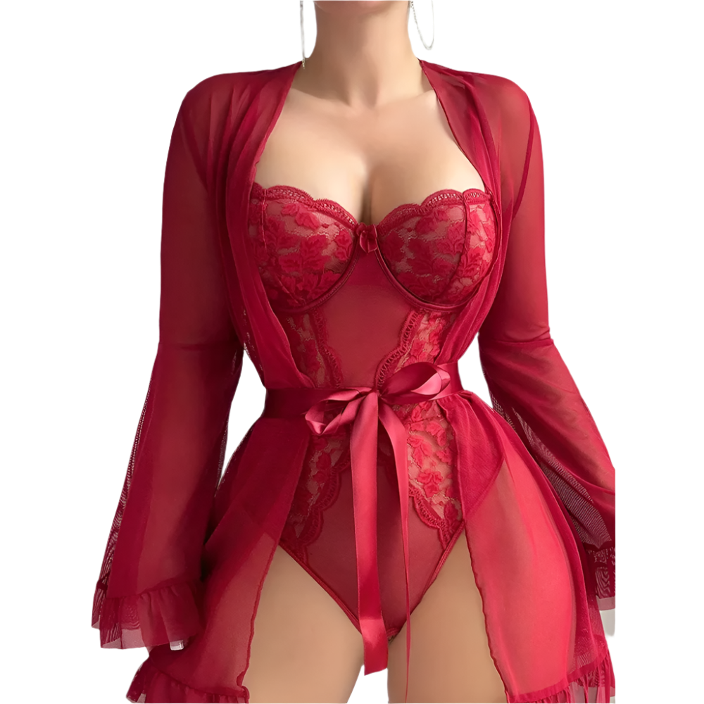 Red lace lingerie set with matching robe on a white background