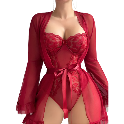 Red lace lingerie set with matching robe on a white background