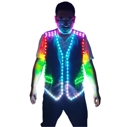 Color-changing LED luminous vest displaying rainbow pattern mode on black fabric
