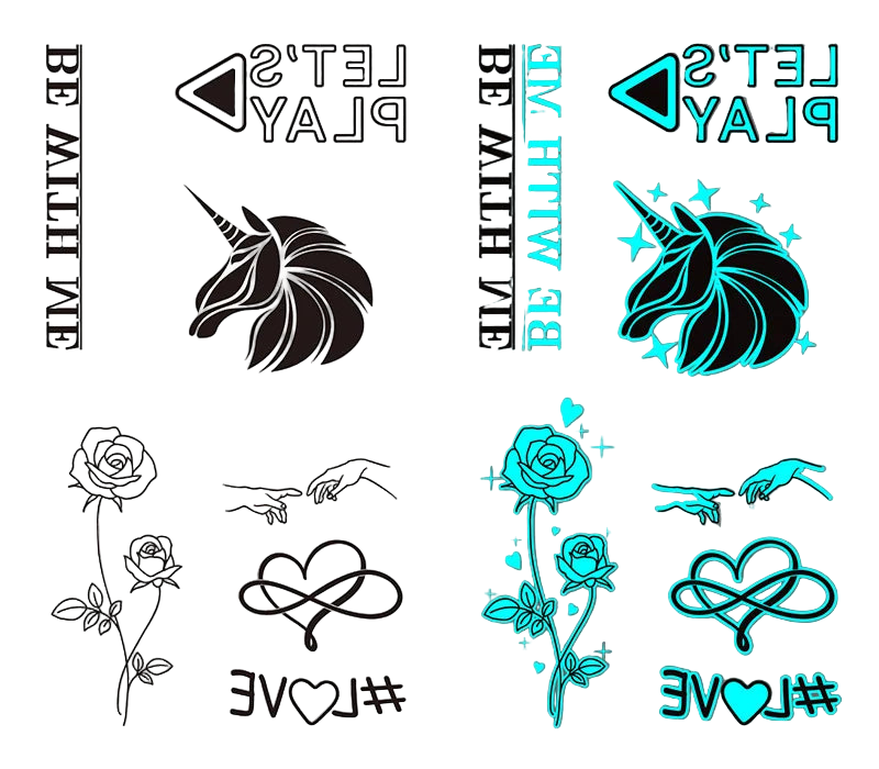 Two tattoo sheets with black and turquoise designs including unicorns, roses, and hands.