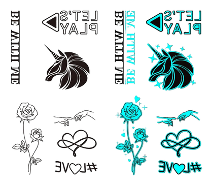 Two tattoo sheets with black and turquoise designs including unicorns, roses, and hands.