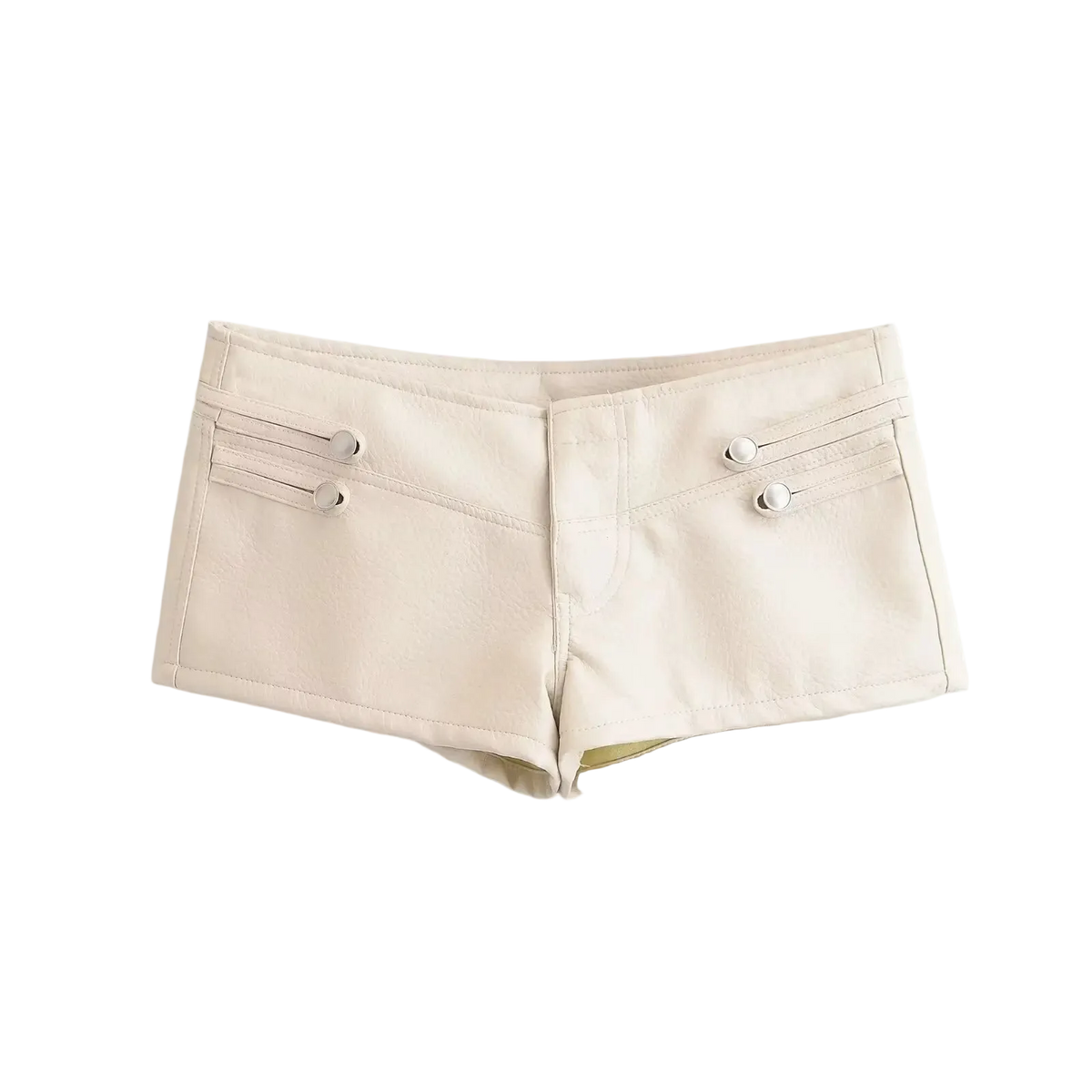 A pair of cream-colored leather shorts with decorative silver-tone snap details on the front pockets, shown against a plain white background.