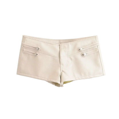 A pair of cream-colored leather shorts with decorative silver-tone snap details on the front pockets, shown against a plain white background.