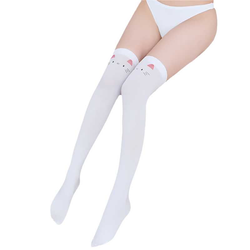 White velvet cat print stockings with warm design for winter resort wear

