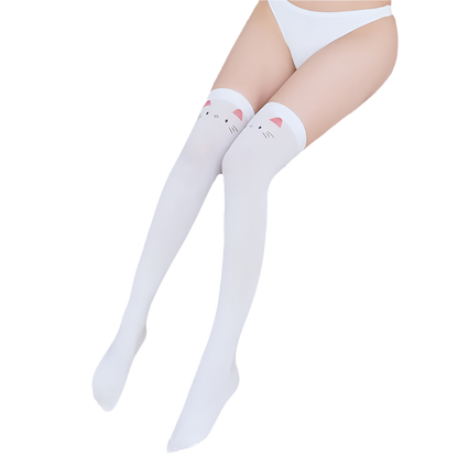 White velvet cat print stockings with warm design for winter resort wear

