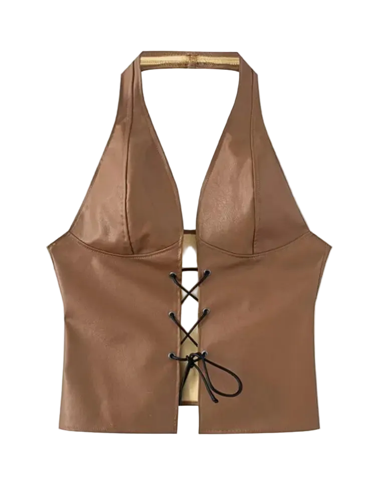 Brown leather halter top with lace-up front on a white background