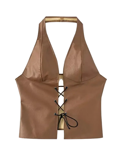 Brown leather halter top with lace-up front on a white background