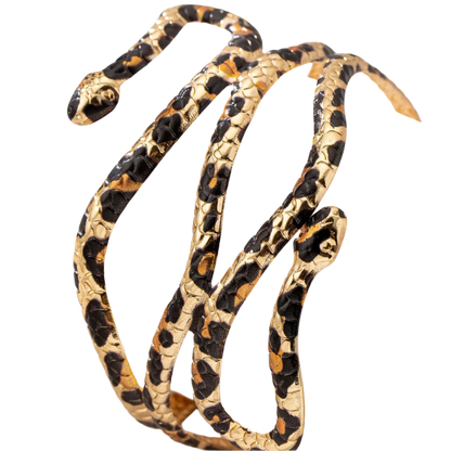 Seductive vintage snake cuff bracelet featuring leopard print details and adjustable design for bold party styling

