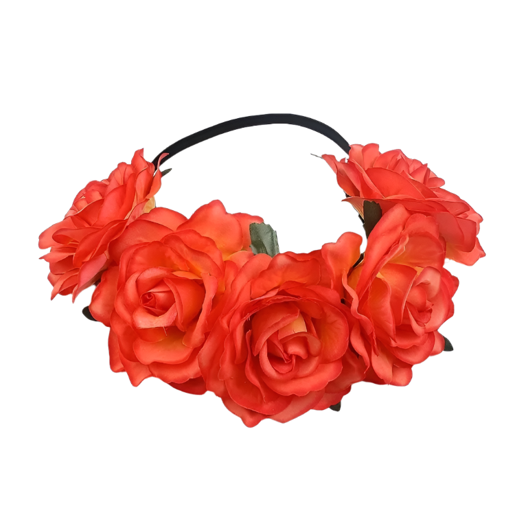 A floral headband featuring large, vibrant roses. The design is bold and romantic, perfect for a bohemian or festival look.