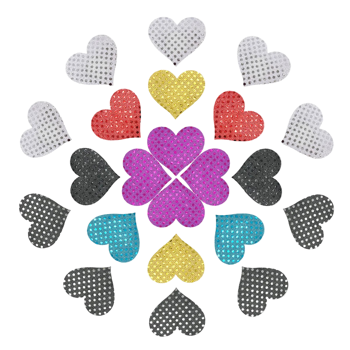 Colorful heart-shaped rhinestone stickers arranged in a circular pattern on a white background.